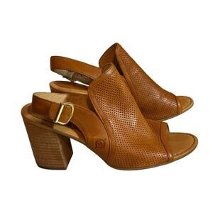 Born Women's Surta Perforated Leather Peep-Toe Slingback Sandals Size 9M Cognac